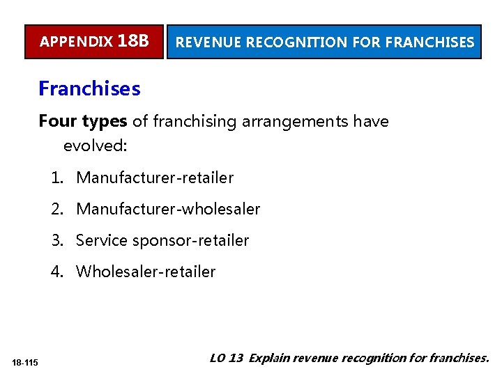 APPENDIX 18 B REVENUE RECOGNITION FOR FRANCHISES Franchises Four types of franchising arrangements have