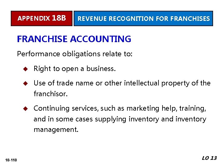 APPENDIX 18 B REVENUE RECOGNITION FOR FRANCHISES FRANCHISE ACCOUNTING Performance obligations relate to: u