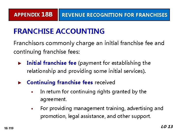 APPENDIX 18 B REVENUE RECOGNITION FOR FRANCHISES FRANCHISE ACCOUNTING Franchisors commonly charge an initial