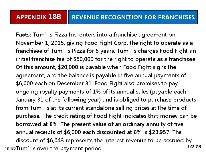 APPENDIX 18 B REVENUE RECOGNITION FOR FRANCHISES Facts: Tum’s Pizza Inc. enters into a