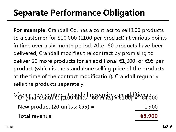 Separate Performance Obligation For example, Crandall Co. has a contract to sell 100 products