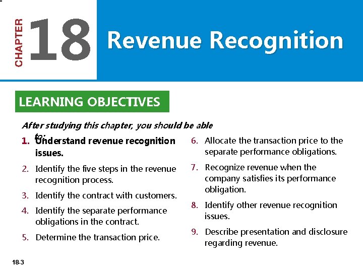 18 Revenue Recognition LEARNING OBJECTIVES After studying this chapter, you should be able to: