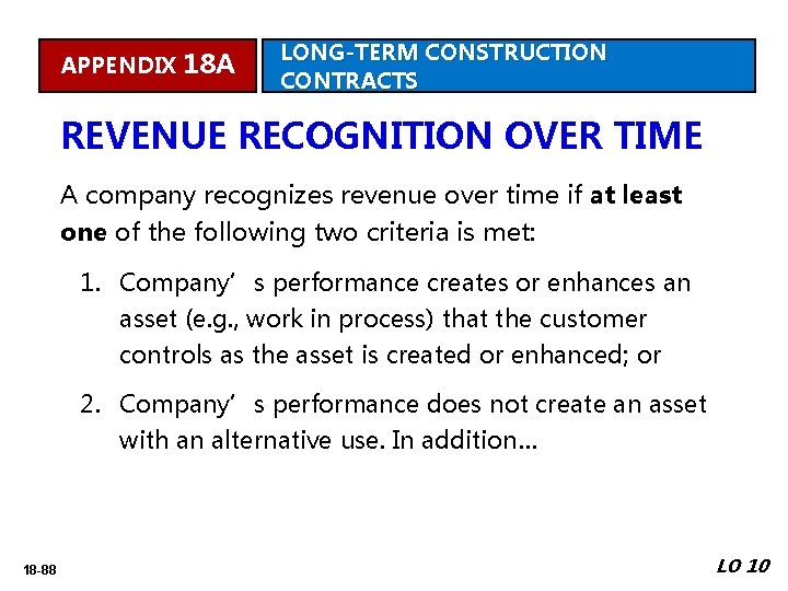 APPENDIX 18 A LONG-TERM CONSTRUCTION CONTRACTS REVENUE RECOGNITION OVER TIME A company recognizes revenue