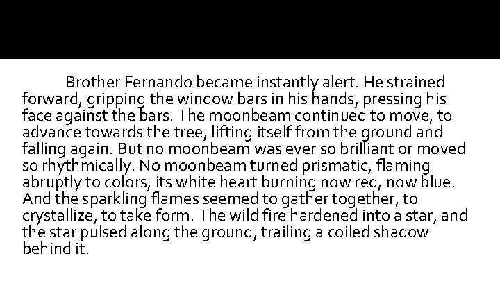 Brother Fernando became instantly alert. He strained forward, gripping the window bars in his