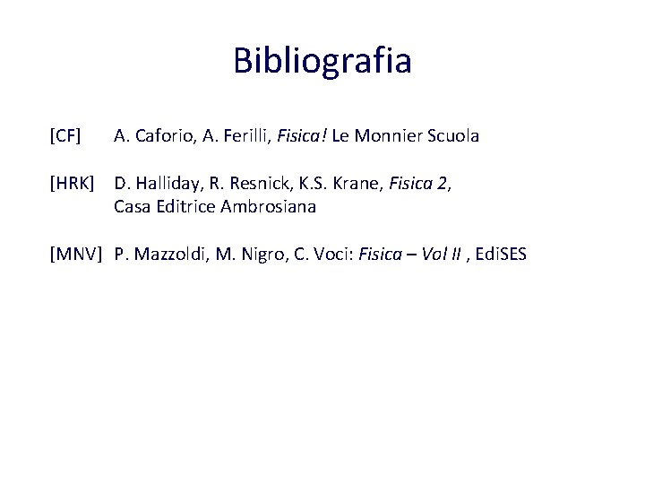 Bibliografia [CF] A. Caforio, A. Ferilli, Fisica! Le Monnier Scuola [HRK] D. Halliday, R.