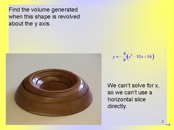 Find the volume generated when this shape is revolved about the y axis. We