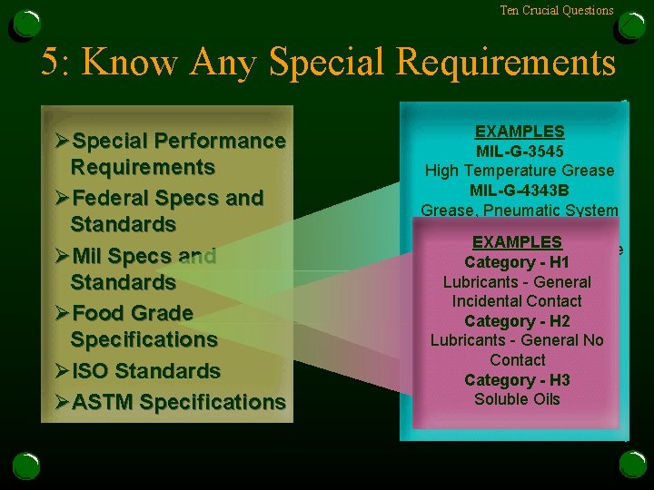 Ten Crucial Questions 5: Know Any Special Requirements ØSpecial Performance Requirements ØFederal Specs and