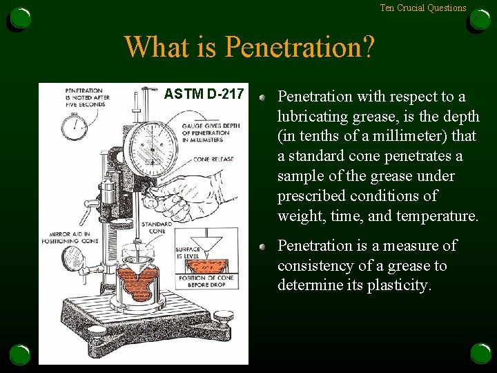 Ten Crucial Questions What is Penetration? ASTM D-217 Penetration with respect to a lubricating