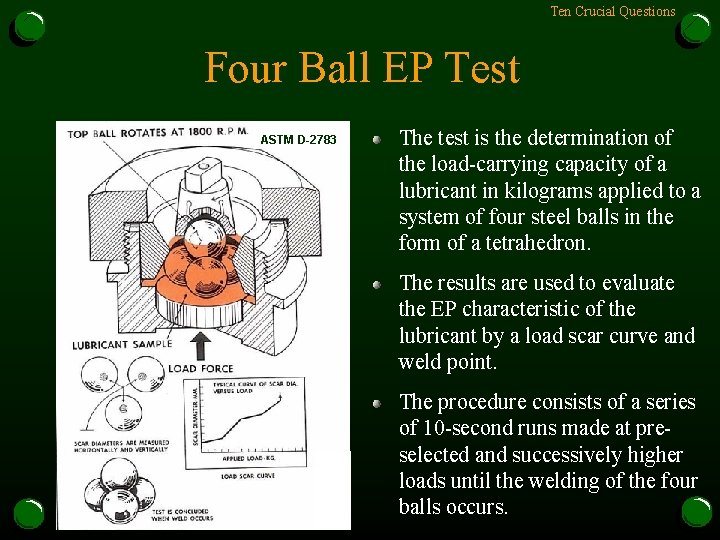 Ten Crucial Questions Four Ball EP Test ASTM D-2783 The test is the determination