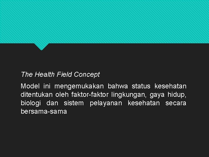 The Health Field Concept Model ini mengemukakan bahwa status kesehatan ditentukan oleh faktor-faktor lingkungan,