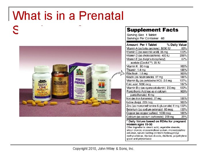 What is in a Prenatal Supplement? Copyright 2010, John Wiley & Sons, Inc. What is in a Prenatal Supplement? Copyright 2010, John Wiley & Sons, Inc.