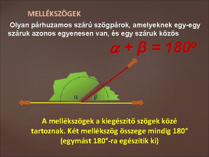 MELLÉKSZÖGEK Olyan párhuzamos szárú szögpárok, amelyeknek egy-egy száruk azonos egyenesen van, és egy száruk