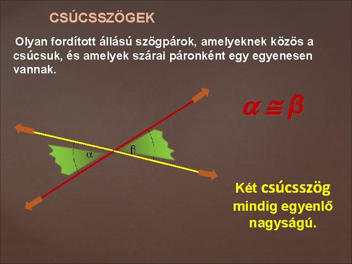 CSÚCSSZÖGEK Olyan fordított állású szögpárok, amelyeknek közös a csúcsuk, és amelyek szárai páronként egyenesen