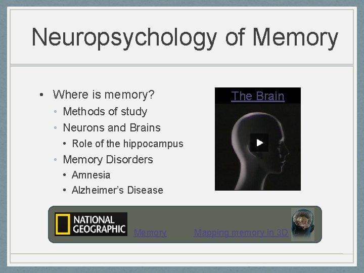 Neuropsychology of Memory • Where is memory? The Brain • Methods of study •