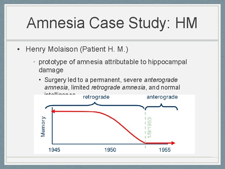 Amnesia Case Study: HM • Henry Molaison (Patient H. M. ) • prototype of