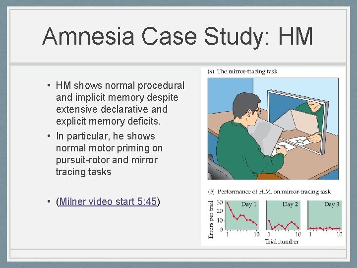 Amnesia Case Study: HM • HM shows normal procedural and implicit memory despite extensive
