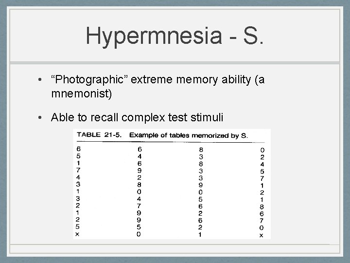 Hypermnesia - S. • “Photographic” extreme memory ability (a mnemonist) • Able to recall