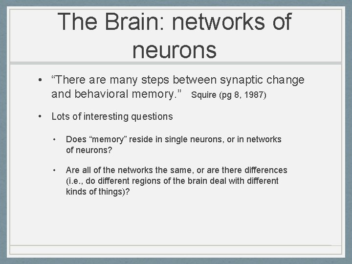 The Brain: networks of neurons • “There are many steps between synaptic change and