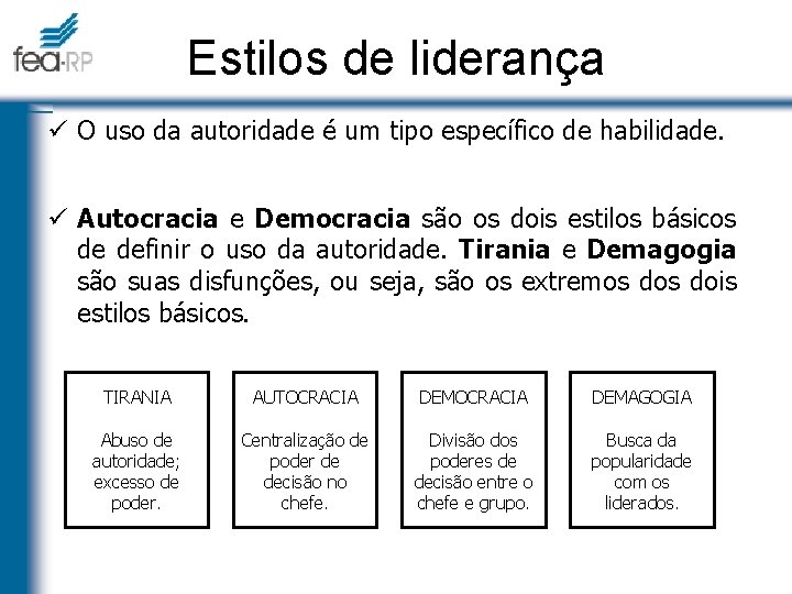 Estilos de liderança ü O uso da autoridade é um tipo específico de habilidade.