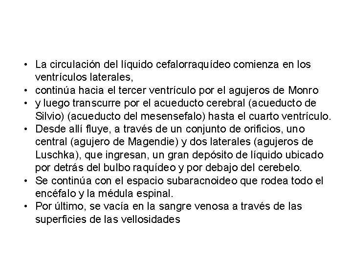  • La circulación del líquido cefalorraquídeo comienza en los ventrículos laterales, • continúa