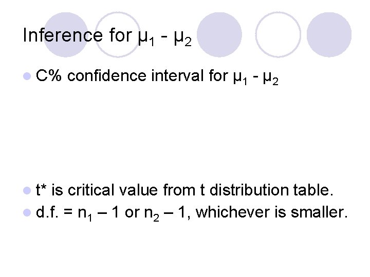 Inference for μ 1 - μ 2 l C% l t* confidence interval for