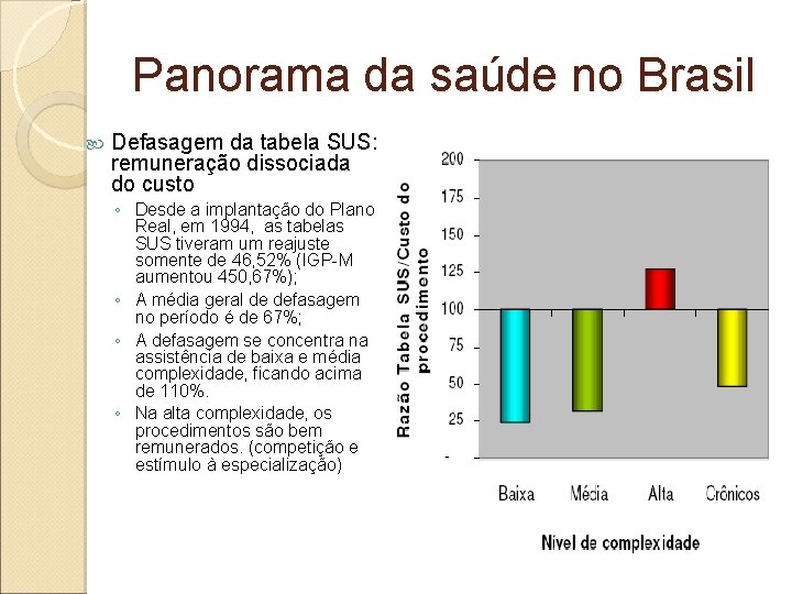 Panorama da saúde no Brasil Defasagem da tabela SUS: remuneração dissociada do custo ◦