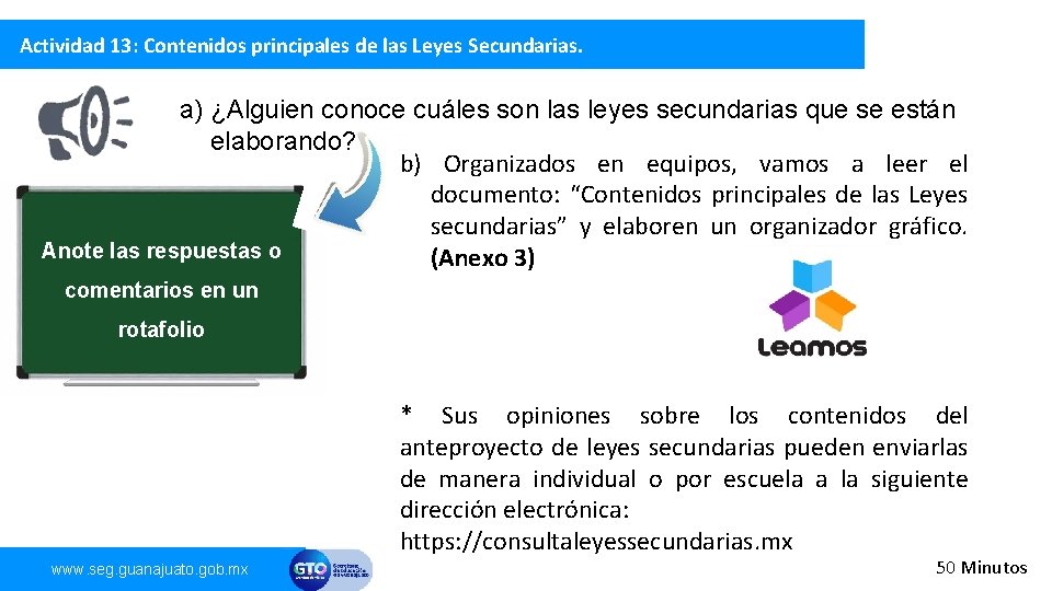 Actividad 13: Contenidos principales de las Leyes Secundarias. a) ¿Alguien conoce cuáles son las