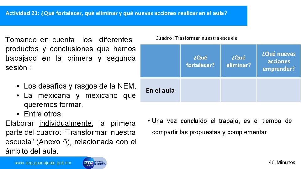 Actividad 21: ¿Qué fortalecer, qué eliminar y qué nuevas acciones realizar en el aula?