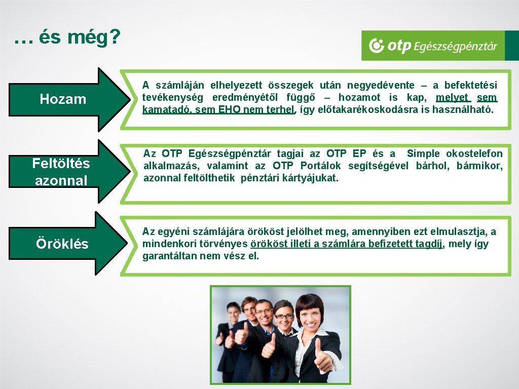 … és még? Hozam Feltöltés azonnal Öröklés A számláján elhelyezett összegek után negyedévente –