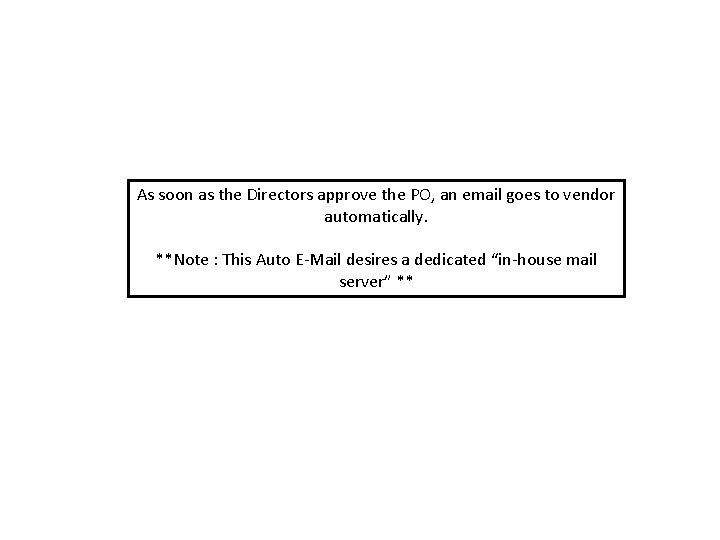 As soon as the Directors approve the PO, an email goes to vendor automatically. As soon as the Directors approve the PO, an email goes to vendor automatically.
