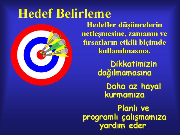 Hedef Belirleme Hedefler düşüncelerin netleşmesine, zamanın ve fırsatların etkili biçimde kullanılmasına. Dikkatimizin dağılmamasına Daha Hedef Belirleme Hedefler düşüncelerin netleşmesine, zamanın ve fırsatların etkili biçimde kullanılmasına. Dikkatimizin dağılmamasına Daha