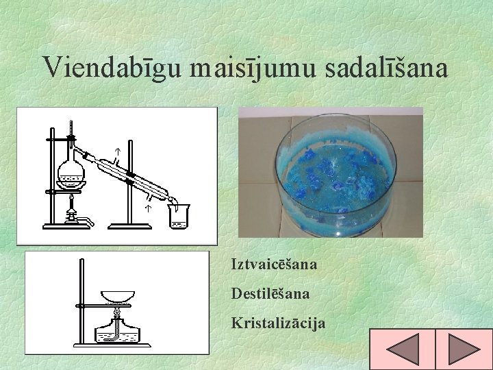 Viendabīgu maisījumu sadalīšana Iztvaicēšana Destilēšana Kristalizācija 