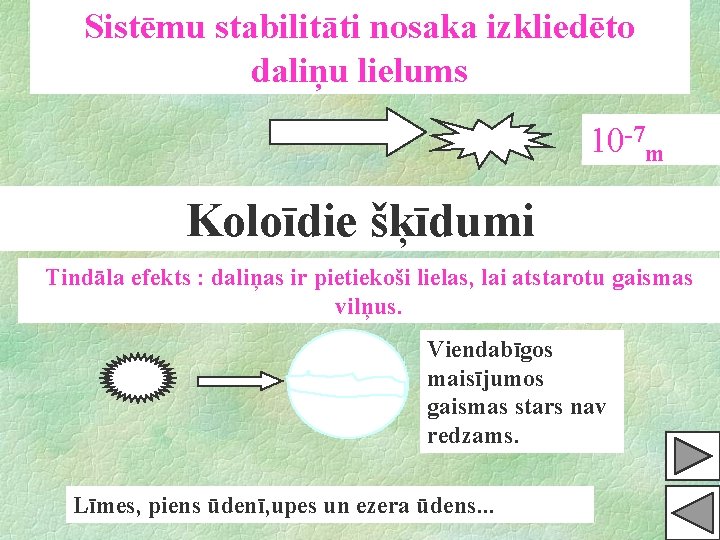 Sistēmu stabilitāti nosaka izkliedēto daliņu lielums 10 -7 m Koloīdie šķīdumi Tindāla efekts :