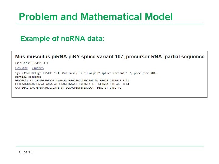 Problem and Mathematical Model Example of nc. RNA data: Slide 13 Problem and Mathematical Model Example of nc. RNA data: Slide 13