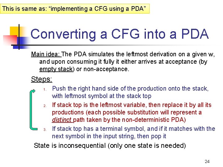This is same as: “implementing a CFG using a PDA” Converting a CFG into
