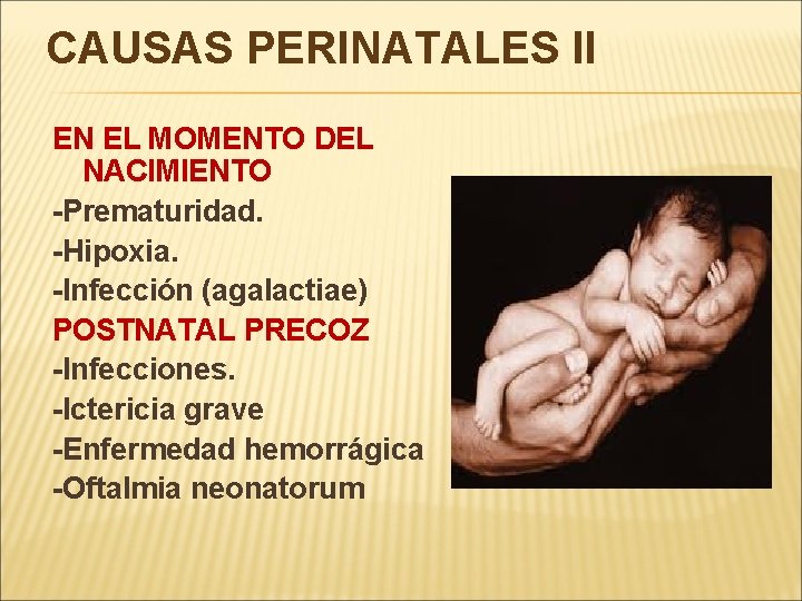 CAUSAS PERINATALES II EN EL MOMENTO DEL NACIMIENTO -Prematuridad. -Hipoxia. -Infección (agalactiae) POSTNATAL PRECOZ