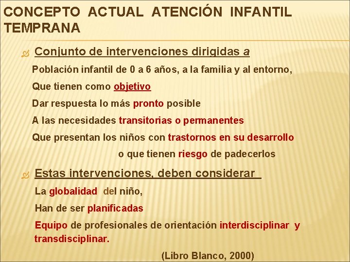 CONCEPTO ACTUAL ATENCIÓN INFANTIL TEMPRANA Conjunto de intervenciones dirigidas a Población infantil de 0