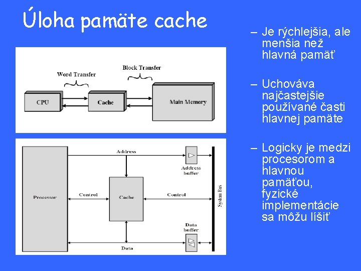 Úloha pamäte cache – Je rýchlejšia, ale menšia než hlavná pamäť – Uchováva najčastejšie