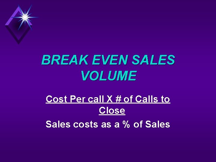 BREAK EVEN SALES VOLUME Cost Per call X # of Calls to Close Sales