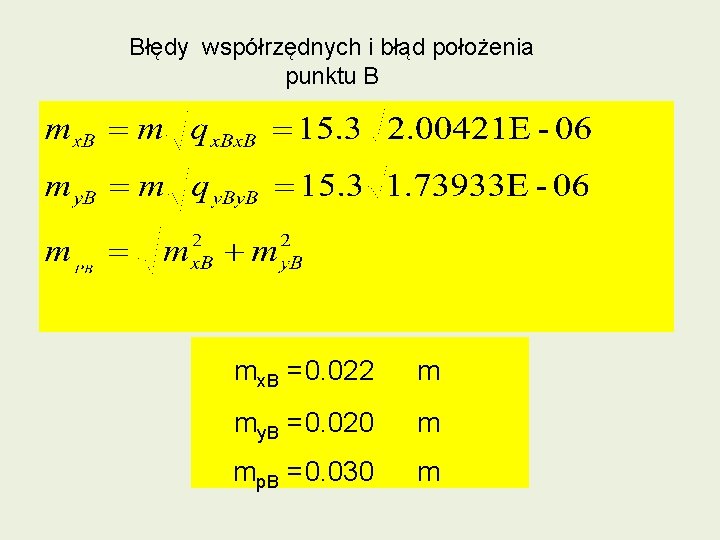 Błędy współrzędnych i błąd położenia punktu B mx. B =0. 022 m my. B