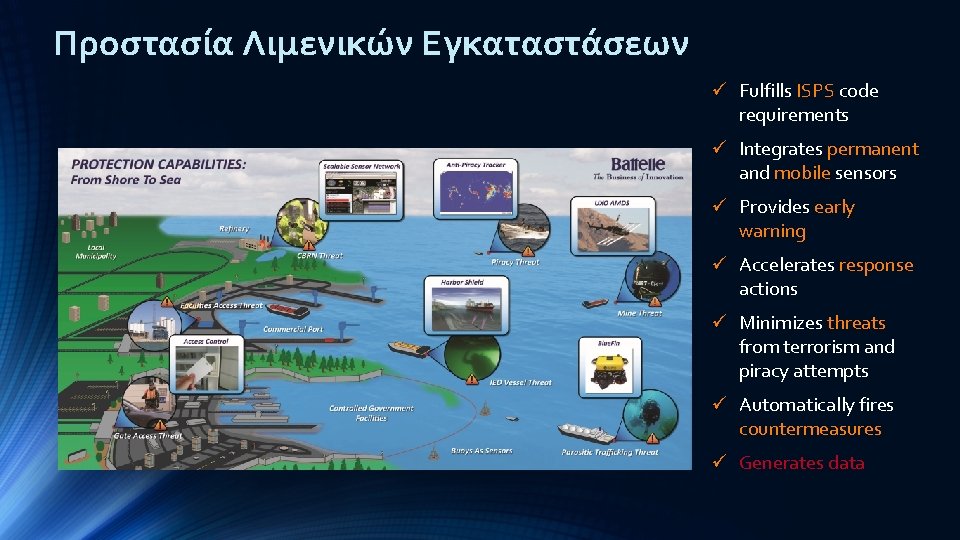 Προστασία Λιμενικών Εγκαταστάσεων ü Fulfills ISPS code requirements ü Integrates permanent and mobile sensors