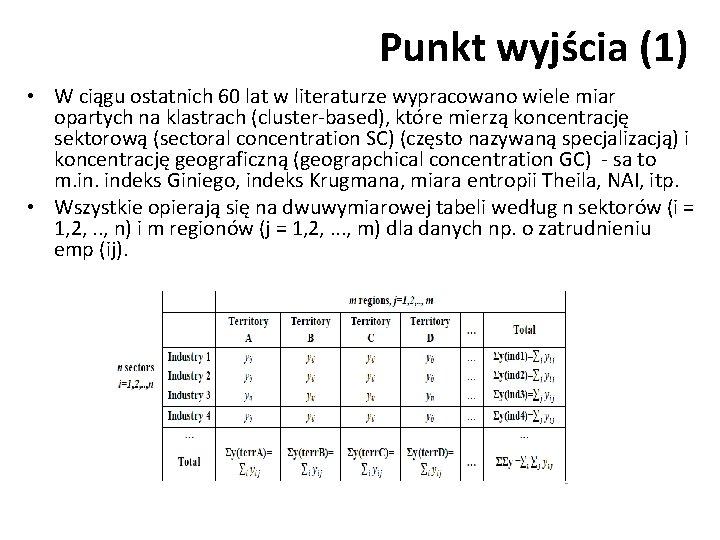 Punkt wyjścia (1) • W ciągu ostatnich 60 lat w literaturze wypracowano wiele miar