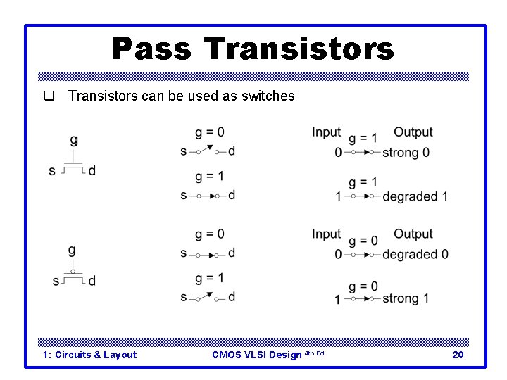 Pass Transistors q Transistors can be used as switches 1: Circuits & Layout CMOS