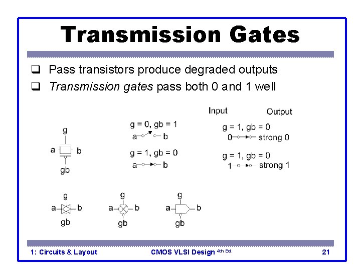 Transmission Gates q Pass transistors produce degraded outputs q Transmission gates pass both 0