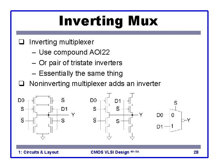 Inverting Mux q Inverting multiplexer – Use compound AOI 22 – Or pair of