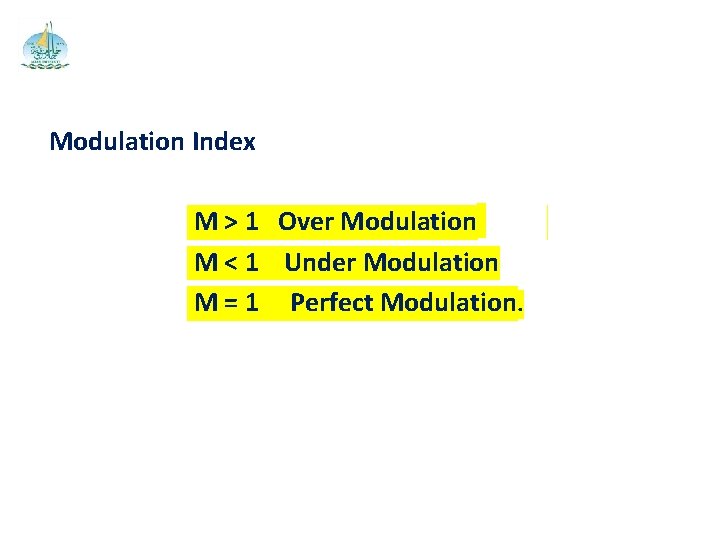 Modulation Index M > 1 Over Modulation M < 1 Under Modulation M =