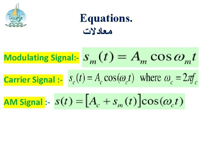 Equations. ﻣﻌﺎﺩﻻﺕ Modulating Signal: Carrier Signal : AM Signal : - 