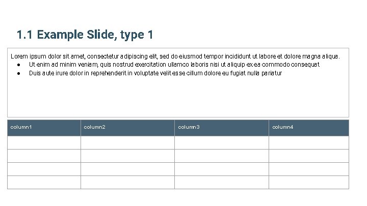 1. 1 Example Slide, type 1 Lorem ipsum dolor sit amet, consectetur adipiscing elit, 1. 1 Example Slide, type 1 Lorem ipsum dolor sit amet, consectetur adipiscing elit,