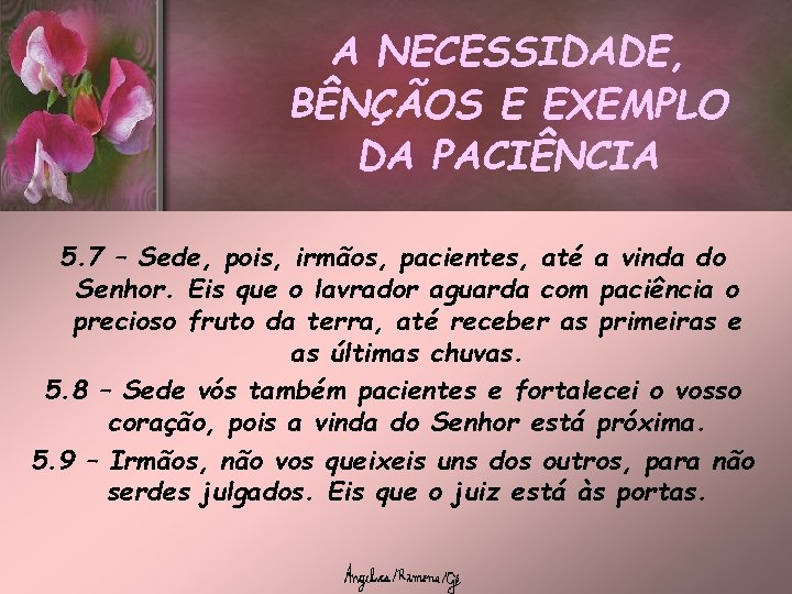 A NECESSIDADE, BÊNÇÃOS E EXEMPLO DA PACIÊNCIA 5. 7 – Sede, pois, irmãos, pacientes,