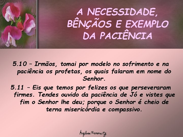 A NECESSIDADE, BÊNÇÃOS E EXEMPLO DA PACIÊNCIA 5. 10 – Irmãos, tomai por modelo